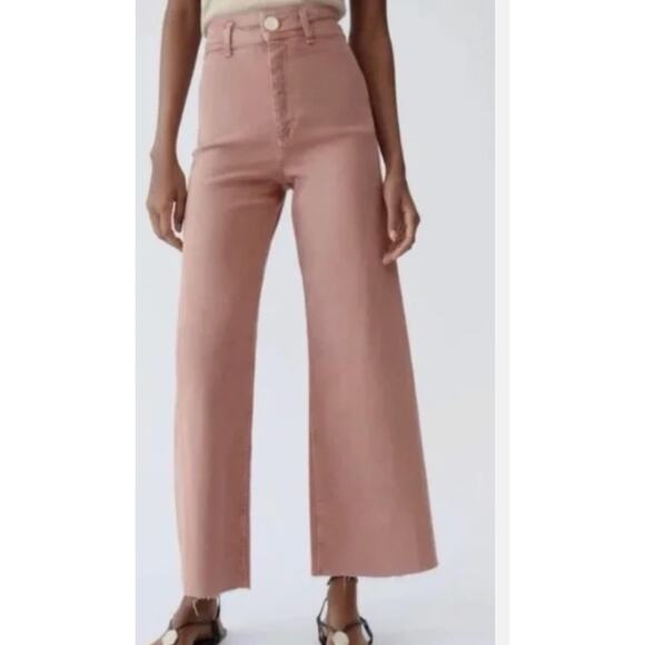 Zara Marine Jeans Wide Leg High Rise Denim Mauve Pink Size 6 Raw Hem - Picture 1 of 7